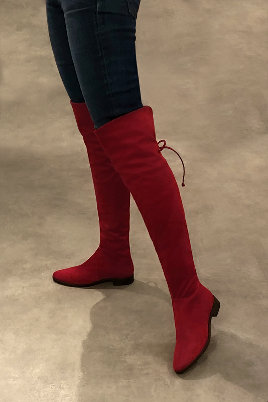 Burgundy red women's leather thigh-high boots. Round toe. Flat leather soles. Made to measure. Worn view - Florence KOOIJMAN